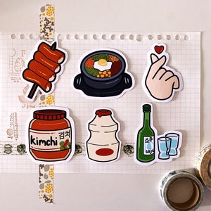 Stickers individuels de cuisine coréenne | Autocollants mignons, kawaii, kimchi, tteokbokki, soju | Autocollants en vinyle résistant à l'eau pour ordinateur portable, classeur