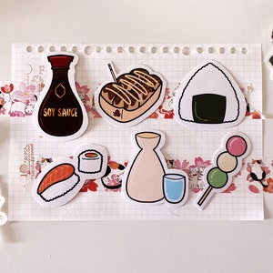 Stickers plats japonais individuels | Stickers mignons, kawaii, sushis, takoyakis, onigiri, saké | Autocollants en vinyle résistant à l'eau pour ordinateur portable