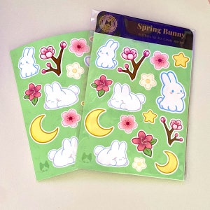 Feuille d'autocollants lapin printanier | Stickers fleurs mignons, kawaii, lapin, sakura | Autocollants en vinyle résistant à l'eau pour ordinateur portable, classeur, cahier