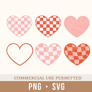 May include: Set of six heart-shaped graphics in pink and red with a checkered pattern.  The graphics are in various shades of pink and red.  The graphics are perfect for Valentine's Day or any other occasion.
