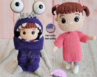 May include: Crochet amigurumi pattern for making a purple monster and a pink girl doll. The pattern is in English and includes instructions for making both characters.