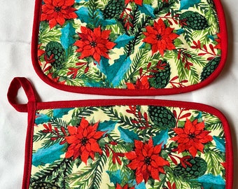 Poinsettia Pine Print Pot Holders Set of 2 - Red Green Blue