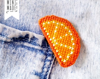 Cross Stitch Mandarin, Tangerine Pin. Hand embroidered brooch orange fruit