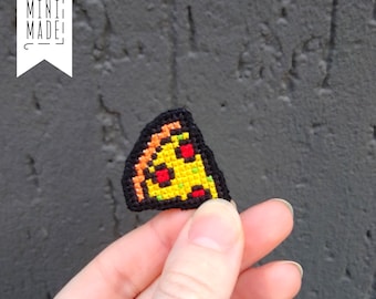 Pizza slice badge. Cross Stitch Pin food. Hand embroidered brooch