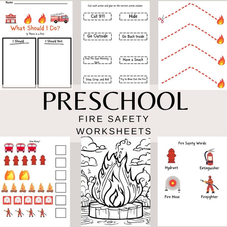 Preschool Fire Safety Worksheets Cutting Glueing Coloring Etsy