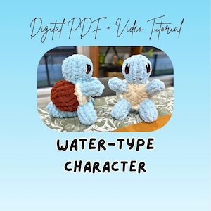 May include: Two crocheted blue turtle characters with brown and beige accents. The image includes the text "Digital PDF + Video Tutorial" and "Water-Type Character". The turtles are displayed on a patterned surface.