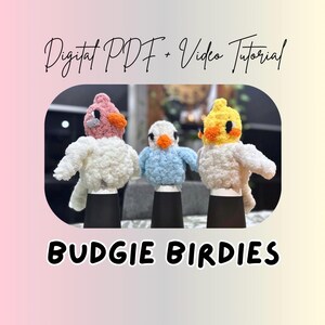 Pode incluir: Três peluches de pássaros em crochê rotulados como Budgie Birdies, incluindo um pássaro rosa, um azul claro e um amarelo, cada um com corpo branco felpudo e bico laranja. A imagem inclui o texto Digital PDF + Video Tutorial no topo.