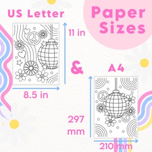 May include: A comparison of US Letter and A4 paper sizes, illustrated with a black and white drawing of a disco ball hanging from a string with peace signs and flowers. The US Letter size is 8.5 inches by 11 inches, and the A4 size is 210 mm by 297 mm.