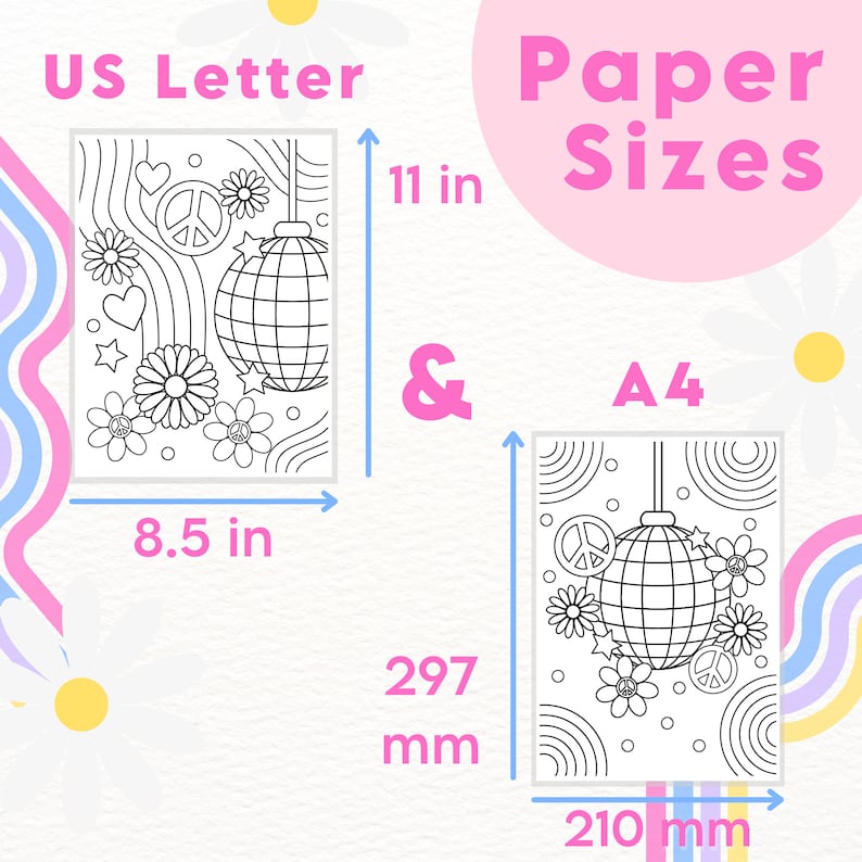 May include: A comparison of US Letter and A4 paper sizes, illustrated with a black and white drawing of a disco ball hanging from a string with peace signs and flowers. The US Letter size is 8.5 inches by 11 inches, and the A4 size is 210 mm by 297 mm.