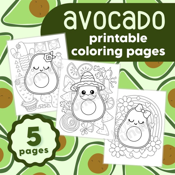 5 Avocado Printable Coloring Pages PDF Digital download