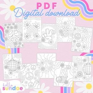 May include: A set of 10 printable coloring pages featuring peace signs, rainbows, flowers, and disco balls. The pages are black and white and have a retro 70s vibe. The text "PDF Digital download" is at the top of the image.