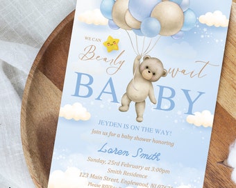 Editable Brown Bear Balloon Baby Shower Boy Invitation Template, Teddy Blue Bear Baby Shower Invitation, Instant Download Canva, BS24B02