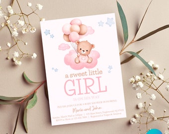 Editable Sweet Bear Balloon Baby Shower Girl Invitation Template, Teddy Bear Baby Shower Invitation, Instant Download Canva, BSIK24G01
