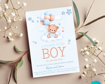 Editable Sweet Bear Balloon Baby Shower Boy Invitation Template, Teddy Bear Baby Shower Invitation, Instant Download Canva, BSIK24B01
