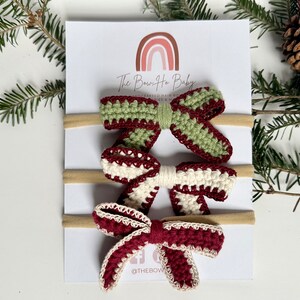 Lage Ribbon Tied Christmas Bow, Hand Crocheted Hair Bows, Boho Headbands for Baby
