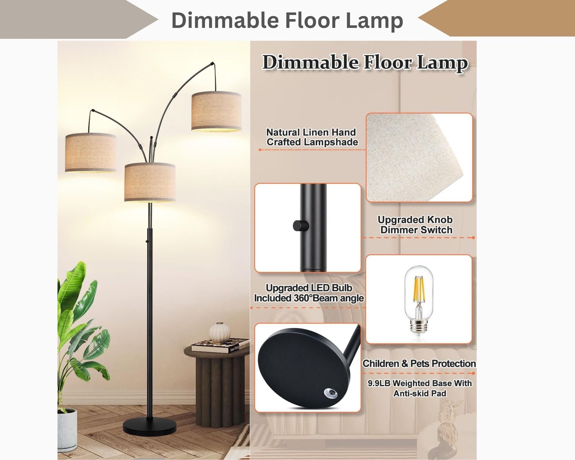 Modern Gold Floor Lamp, Mid Century Modern Tall Lamp, Bedroom Floor