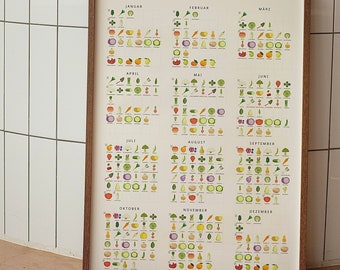 Saisonkalender Obst und Gemüse | Küchenposter A3 / 30x40 | Foodie Geschenk | Deutsch / English
