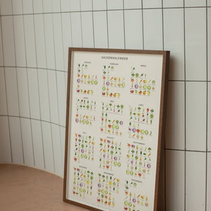May include: A framed poster with a seasonal calendar for fruits and vegetables. The poster is in German and features a grid of 12 months with icons representing different fruits and vegetables that are in season each month.