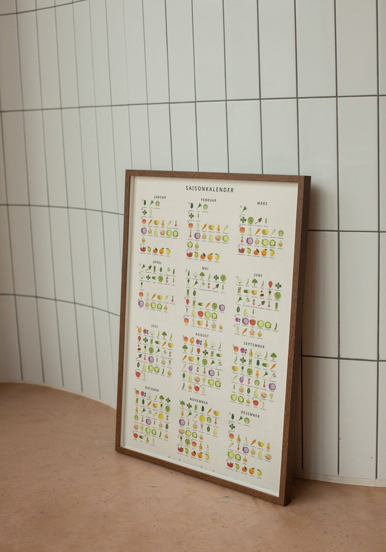May include: A framed poster with a seasonal calendar for fruits and vegetables. The poster is in German and features a grid of 12 months with icons representing different fruits and vegetables that are in season each month.