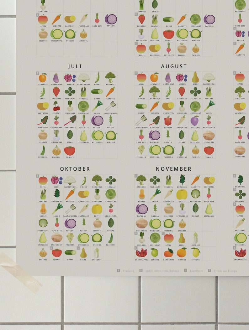May include: A colorful chart with illustrations of fruits and vegetables, organized by month. The months are July, August, October, and November. The chart is in German, with the names of the fruits and vegetables listed below each illustration.