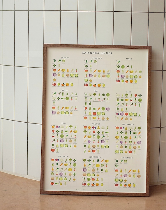 Saisonkalender Obst und Gemüse | Küchenposter A3 / 30x40 | Foodie Geschenk | Deutsch / English