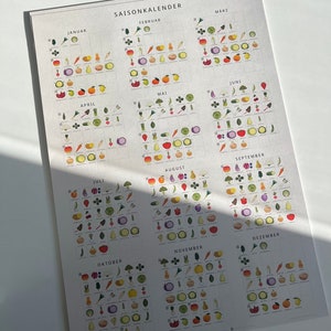 May include: A seasonal calendar chart with illustrations of fruits and vegetables. The chart is divided into 12 months, with each month showing the fruits and vegetables that are in season. The chart is in German, with the months labeled in German.