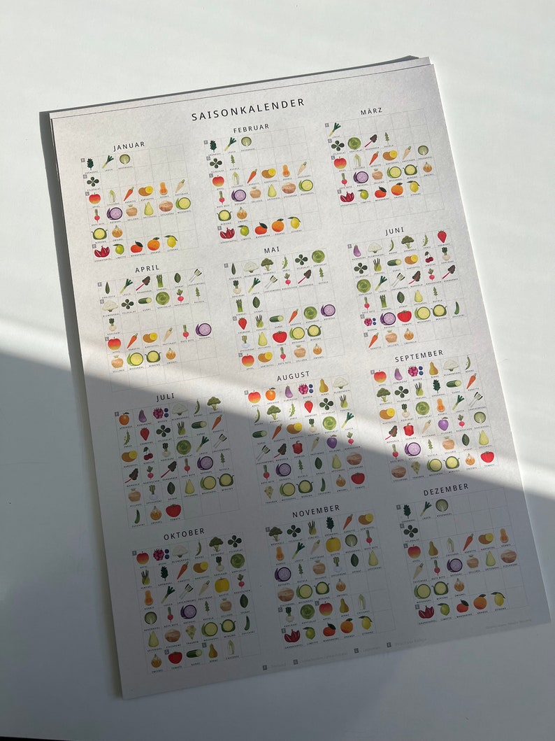 May include: A seasonal calendar chart with illustrations of fruits and vegetables. The chart is divided into 12 months, with each month showing the fruits and vegetables that are in season. The chart is in German, with the months labeled in German.