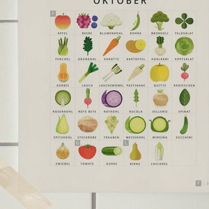 May include: A colorful chart with illustrations of various fruits and vegetables, labeled in German. The chart is titled "Oktober" and is divided into two columns, labeled "F" and "G".