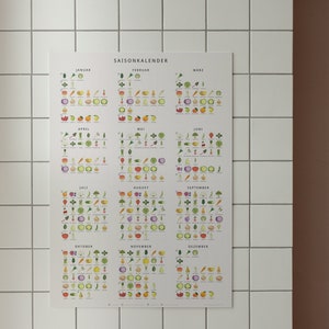 May include: A seasonal calendar poster with a white background and colorful illustrations of fruits and vegetables. The poster is divided into 12 sections, one for each month of the year. Each section shows the fruits and vegetables that are in season during that month. The poster is titled "Saisonkalender" in German.