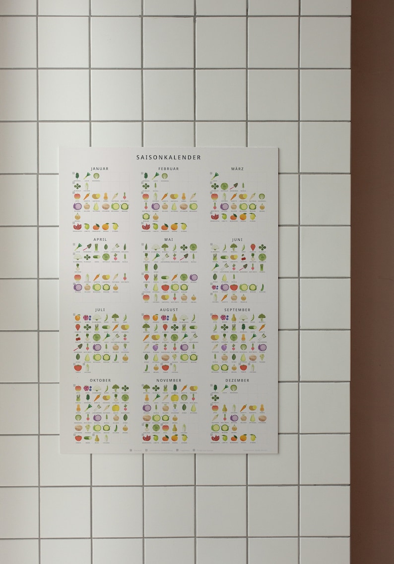 May include: A seasonal calendar poster with a white background and colorful illustrations of fruits and vegetables. The poster is divided into 12 sections, one for each month of the year. Each section shows the fruits and vegetables that are in season during that month. The poster is titled "Saisonkalender" in German.
