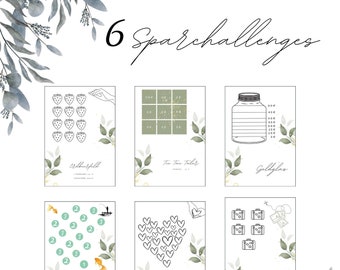 May include: Six printable saving challenge cards with a green and white floral design. The cards feature different saving challenges, such as "Strawberry Field", "Two Euro Taler", "Gold Jar", "Heart's Desire", "Fish Bowl", and "Vacation".