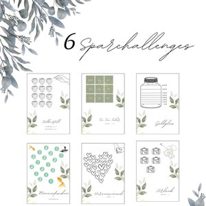 May include: Six printable saving challenge cards with a green and white floral design. The cards feature different saving challenges, such as "Strawberry Field", "Two Euro Taler", "Gold Jar", "Heart's Desire", "Fish Bowl", and "Vacation".