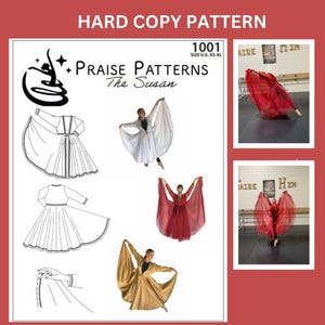 May include: A sewing pattern for a flowing dress with a long, open front. The pattern is called "Praise Patterns The Susan" and is size XS-XL. The pattern includes four images of the dress in different colors: white, red, gold, and black.