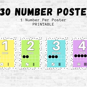 May include: Colorful number posters for the numbers 0-5, each with a different background color and a corresponding number of dots and tally marks. The posters are labeled with the number word and are designed for educational use.