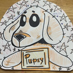 May include: A hand-drawn illustration of a cartoon dog with a brown and white fur pattern. The dog is wearing a yellow tag that says "Puppsy". The background is a white paper with a black and white star pattern.