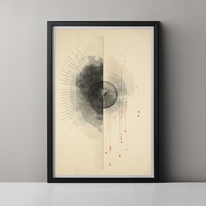 Könnte beinhalten: Abstrakter Kunstdruck mit einem schwarzen und weißen kreisförmigen Design auf der linken Seite und einem roten und weißen Design auf der rechten Seite. Das Design ist auf einen schwarzen Kreis mit einem weißen Zentrum zentriert.