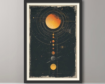 May include: A framed vertical wall art print featuring a dark space background with a large glowing orange sun at the top. Below the sun, a series of smaller planets and celestial bodies are aligned vertically, connected by thin geometric lines.
