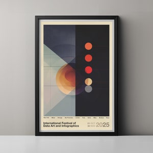 May include: A poster featuring a geometric design in shades of blue, grey, orange, and red. The poster advertises the International Festival of Data Art and Infographics, taking place from 1st October to 30th November 2025.