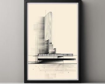 Impression d'architecture en édition limitée, idéale pour une décoration de bureau ou un cadeau de pendaison de crémaillère, avec un attrait d'art mural moderne du milieu du siècle