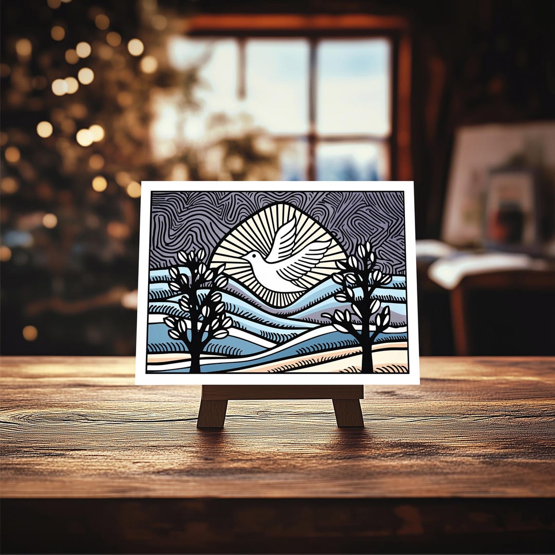 Vibrant Folk Art Holiday Card Vintage Winter Scene Blank