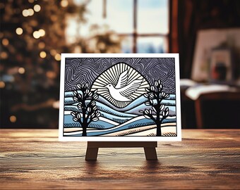Vibrant Folk Art Holiday Card | Vintage Winter Scene | Blank Frameable Greeting Card