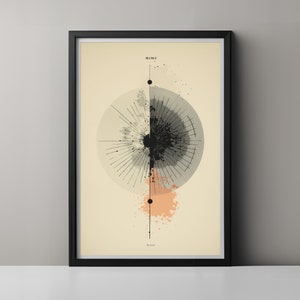 Könnte beinhalten: Ein Schwarz-Weiß-Abstrakt-Kunstdruck mit einem Kreis in der Mitte und einem schwarzen Punkt oben. Der Kreis ist mit einer schwarzen Linie in zwei Hälften geteilt. Die linke Seite des Kreises ist grau und die rechte Seite ist weiß. Vom Mittelpunkt des Kreises strahlen schwarze Linien aus. Der Druck trägt das Wort "MIME" oben.