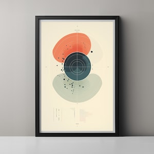 Könnte beinhalten: Abstrakter Kunstdruck mit einem kreisförmigen Design mit drei sich überlappenden Kreisen in Grün-, Orange- und Blautönen. Die Kreise sind mit kleinen schwarzen Punkten und konzentrischen Kreisen gefüllt. Der Druck hat eine minimalistische Ästhetik und würde in einem modernen Zuhause gut aussehen.