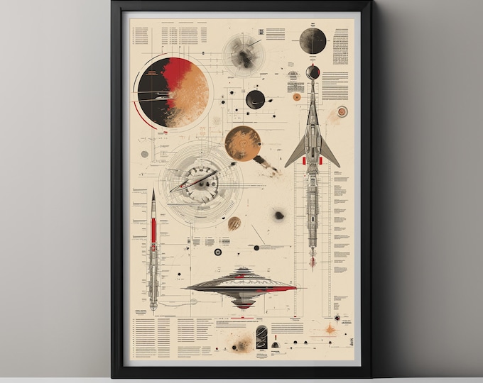 Retro Sci-Fi Art Print - Vintage Space Chart Spacecraft Schematics Astronomy Poster Wall Decor Gift