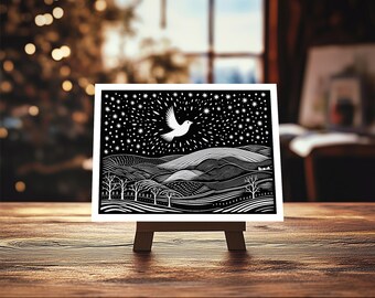 Dramatic White-on-Black Folk Art Holiday Card | Vintage Winter Scene | Blank Frameable Greeting Card