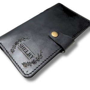 Carteira de embreagem de couro genuíno gravada personalizada, bolsa para celular com compartimento para cartão, presente perfeito para o dia das mães, presente de aniversário