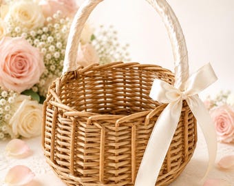 Handwoven Rustic Flower Girl Basket With Satin Ribbon Handle / Boho Wedding Accessory