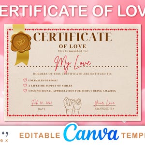 Certificado de amor - Plantilla de certificado de amor editable en Canva - Plantilla de certificado personalizada - Certificado de regalo imprimible para parejas