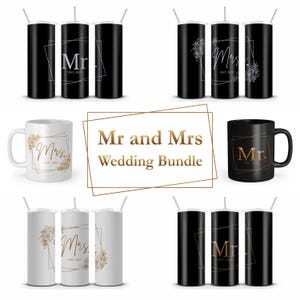 Mr. & Mrs. Tumbler, Mug Wrap bundle - 11oz and 15oz Mug for Sublimation PNG - Wedding Skinny Tumbler Wrap - Just Married Mug Wrap