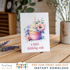 Cupcake de aniversário em aquarela PNG | Design de cartão de aniversário floral | Sublimação de desejos de aniversário para impressão | Cartão de presente macio e elegante